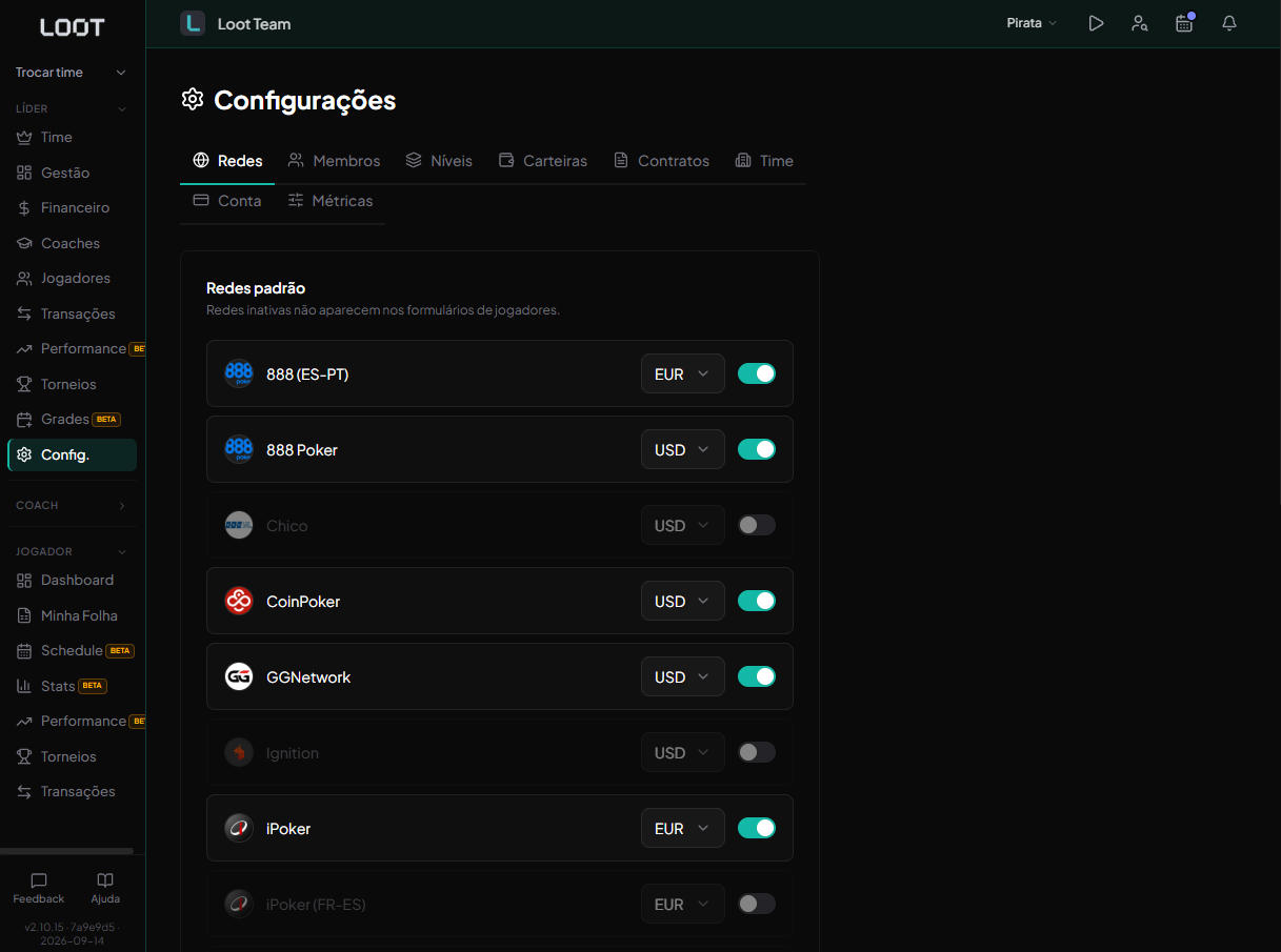 Configurações no Loot